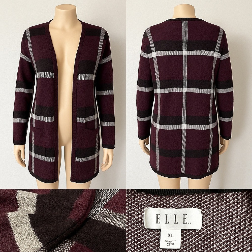 Elle Cardigan‎ XL Sweater Cardigan Women Burgundy Metallic Academia Preppy Retro